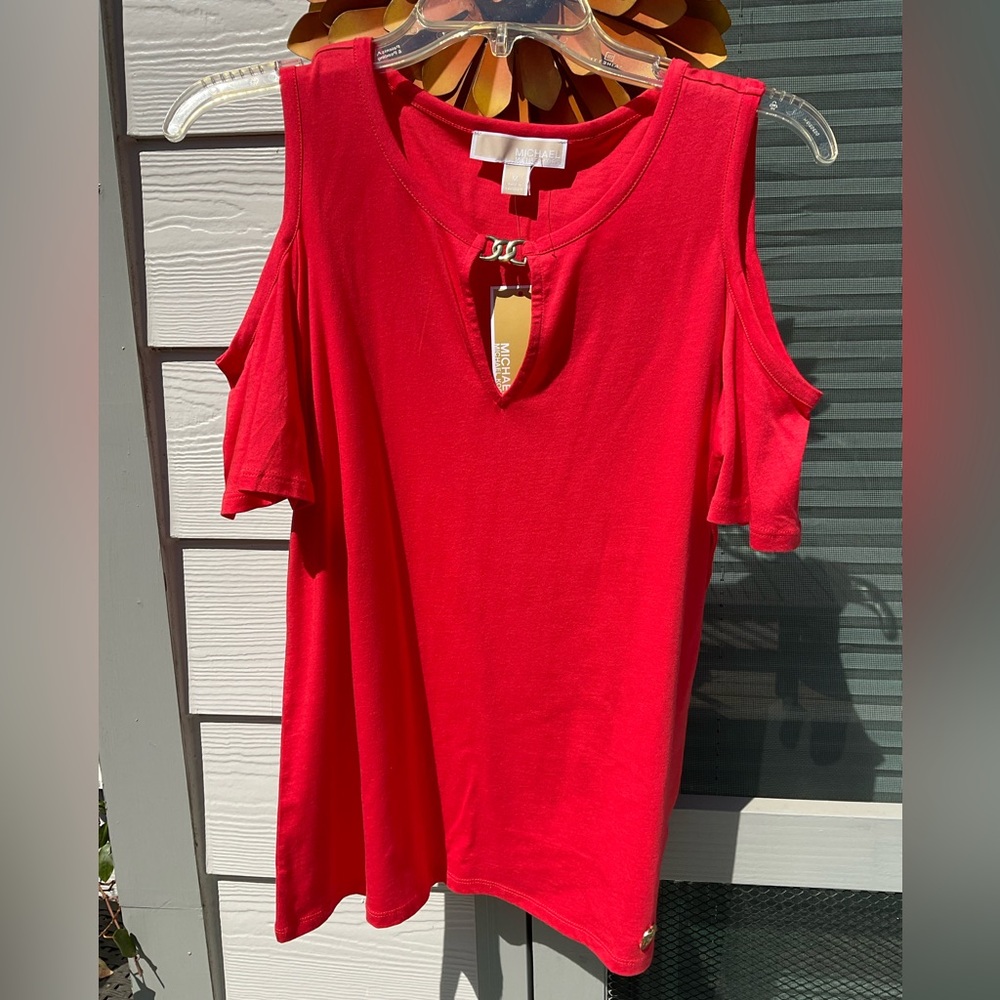 NWT MICHAEL Michael Kors Red Cold-Shoulder Tank with Keyhole and Gold Accent